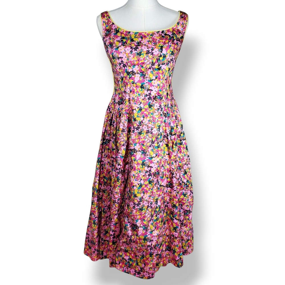 Chloe Kristyn Ditsy Floral Midi Dress Women 2 Fit & Flare Pink Neon Cottagecore‎